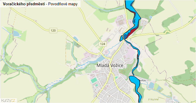 Voračického předměstí - záplavové mapy stoleté vody