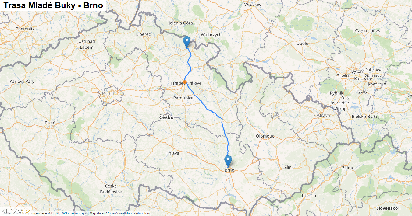 Mladé Buky-Brno, mapa trasy