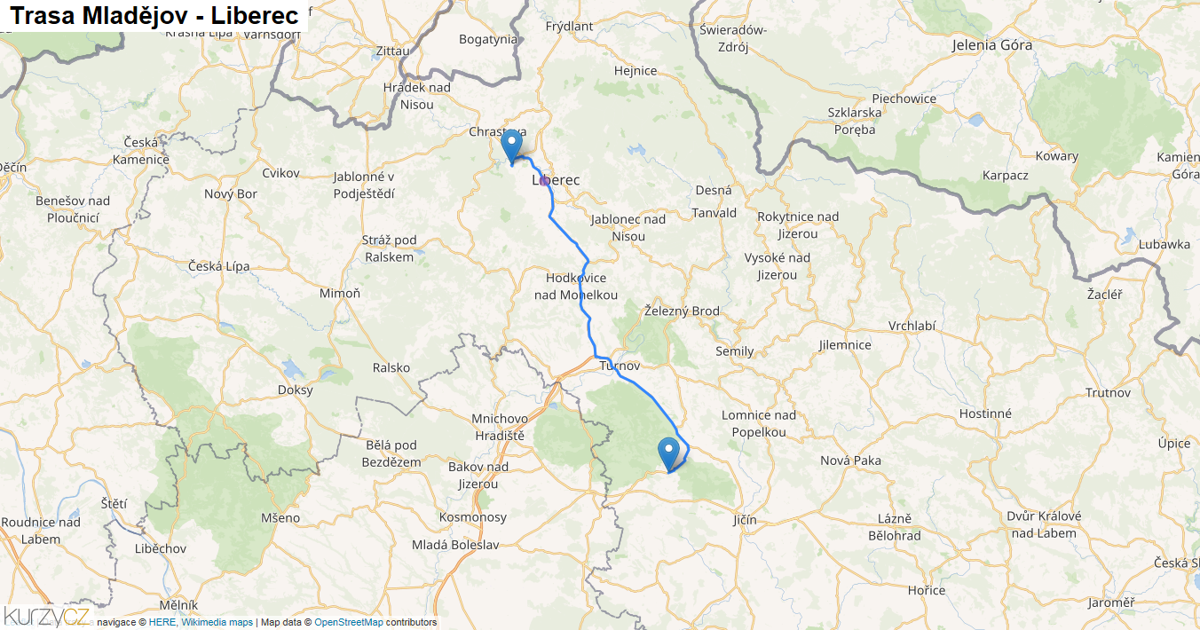 Mladějov-Liberec, mapa trasy