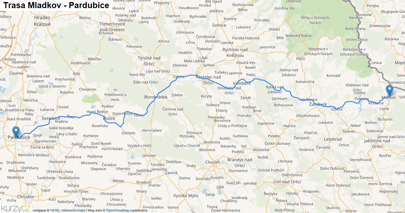 Mladkov-Pardubice, mapa trasy