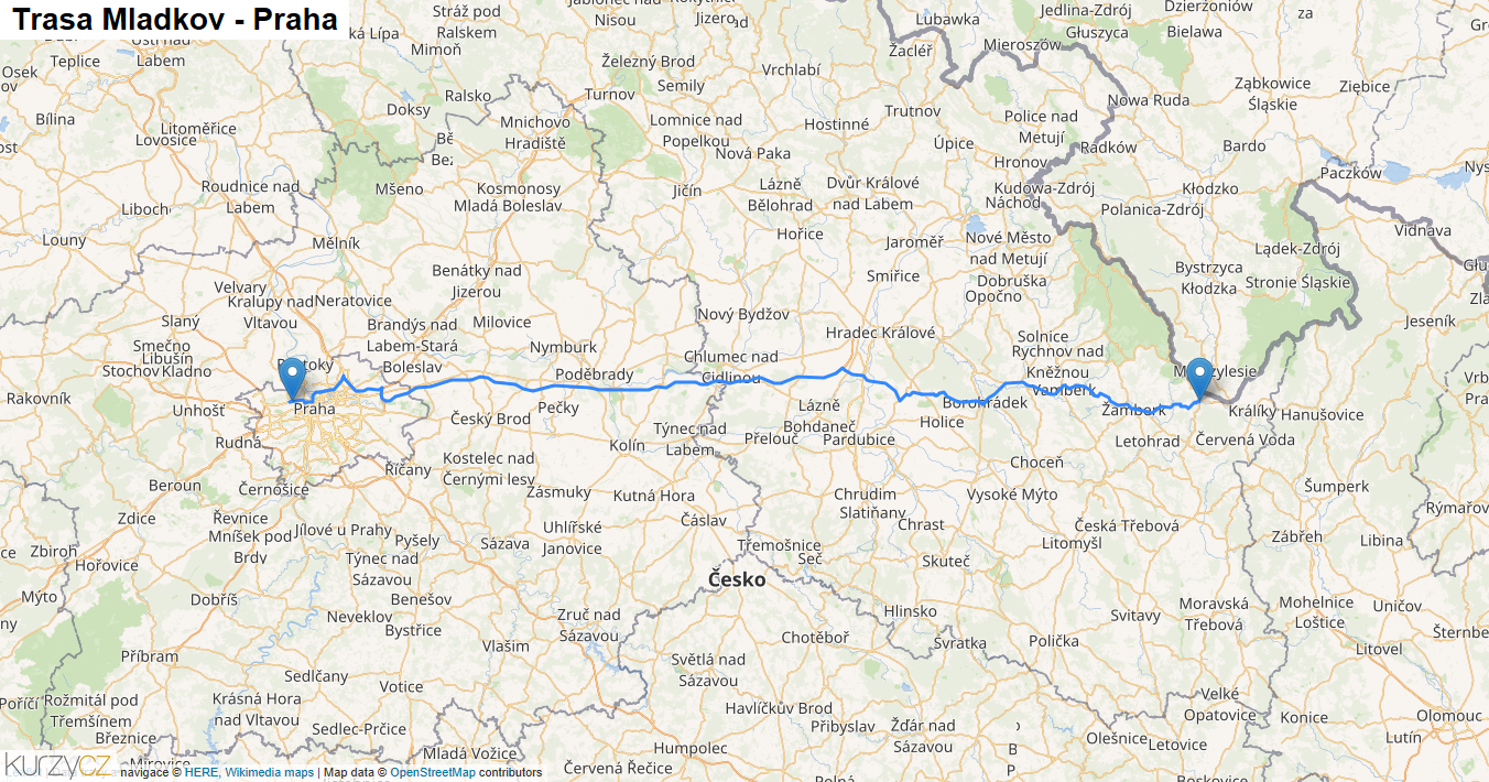 Mladkov-Praha, mapa trasy