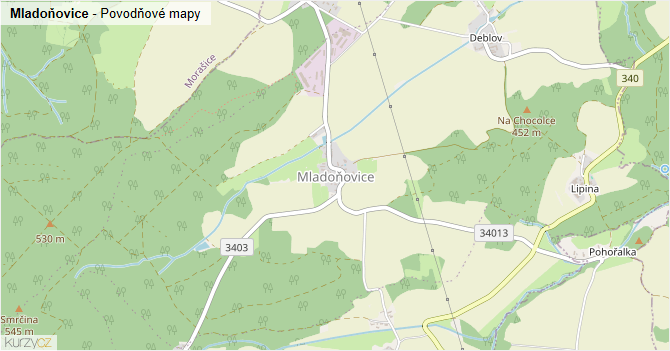 Mladoňovice - záplavové mapy stoleté vody
