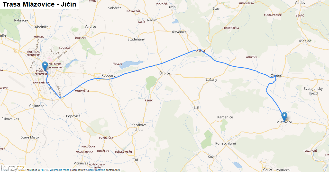 Mlázovice-Jičín, mapa trasy