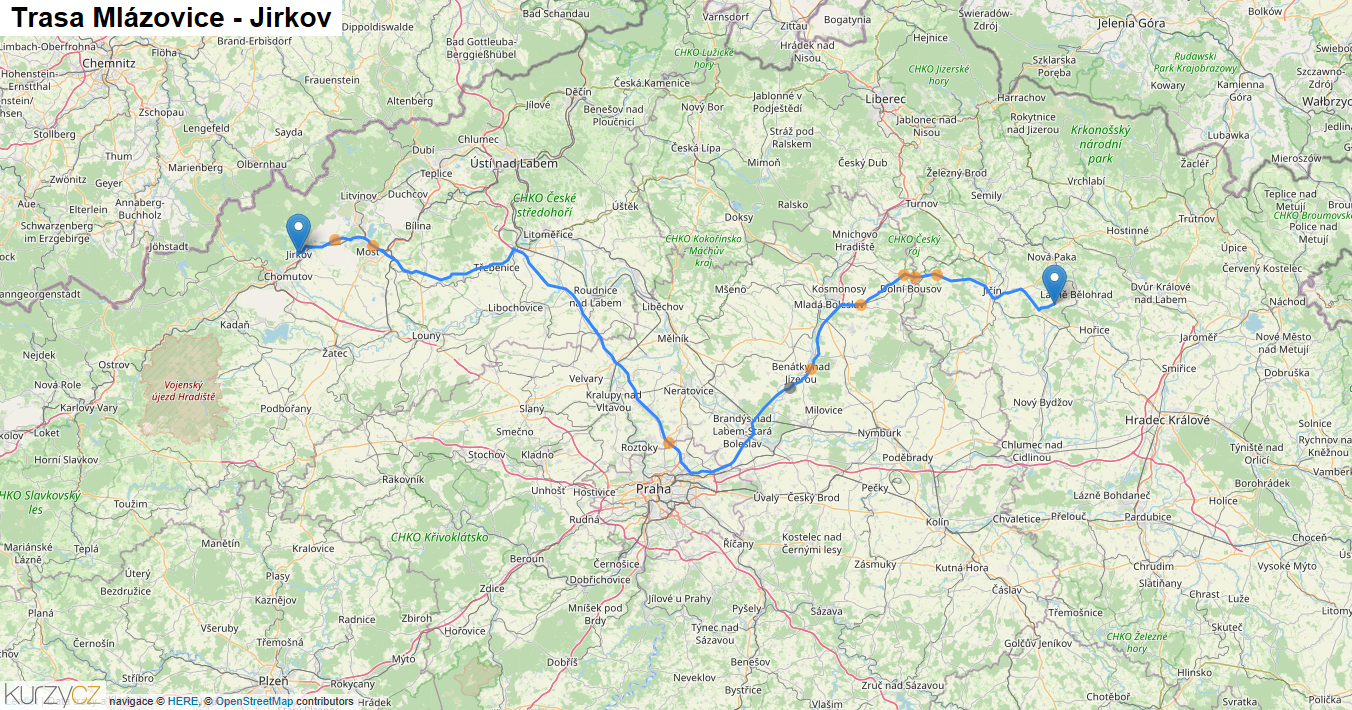 Mlázovice-Jirkov, mapa trasy