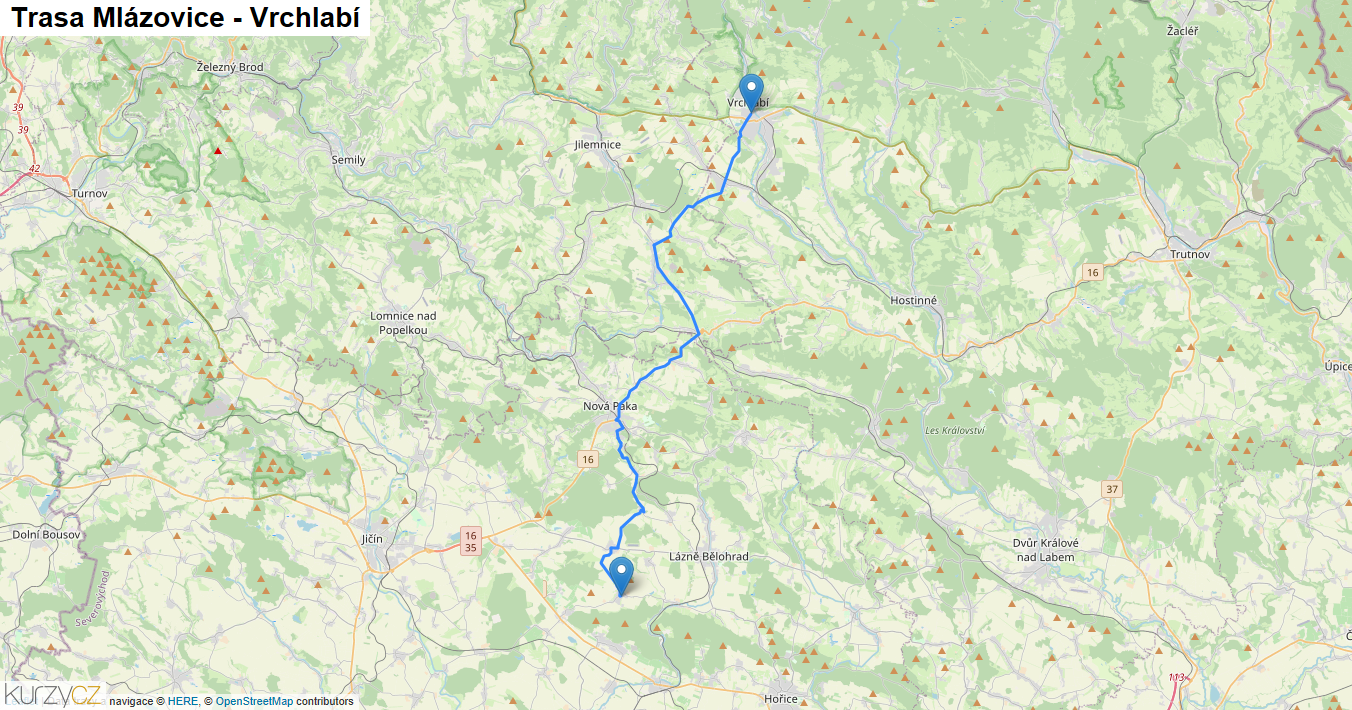 Mlázovice-Vrchlabí, mapa trasy