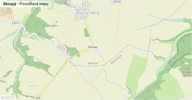 Skoupý - záplavové mapy stoleté vody