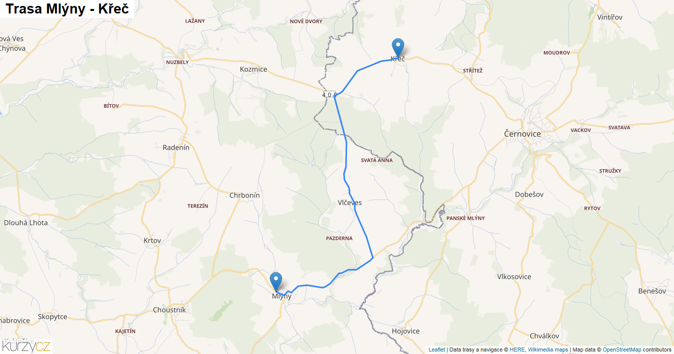 Mlýny-Křeč, mapa trasy