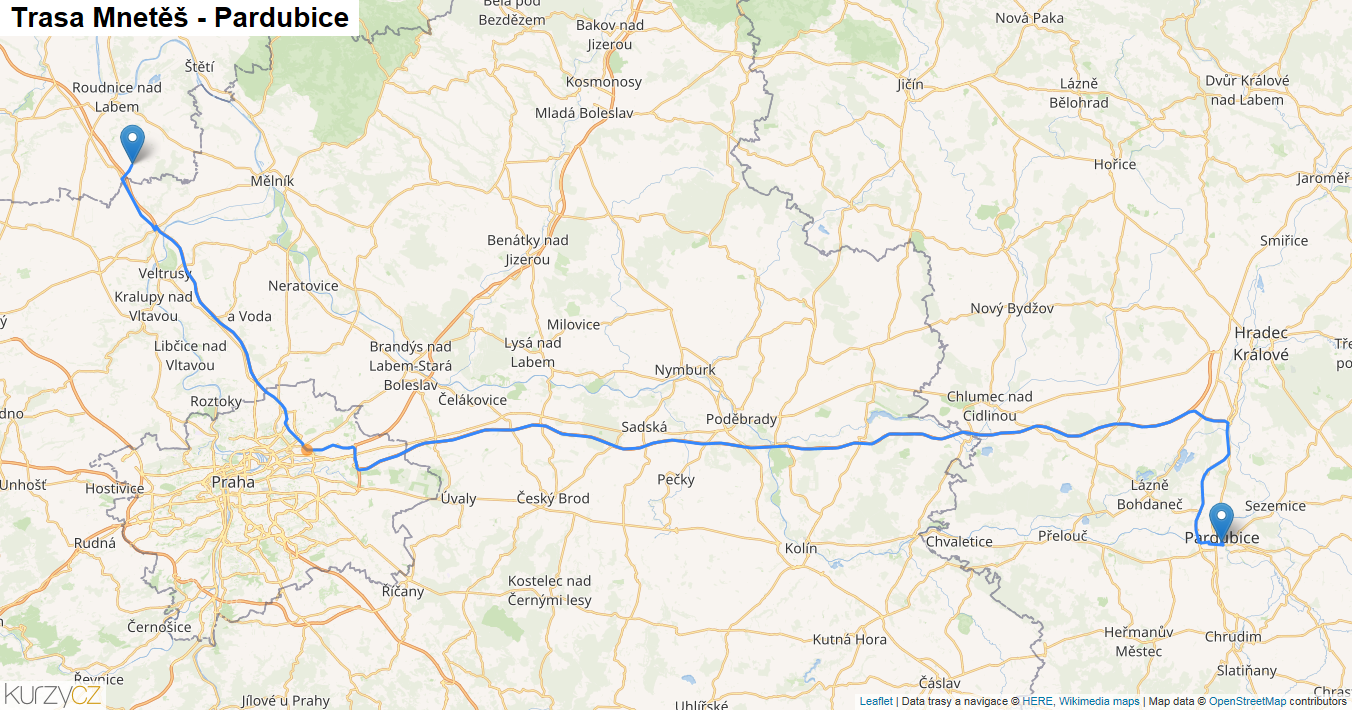 Mnetěš-Pardubice, mapa trasy