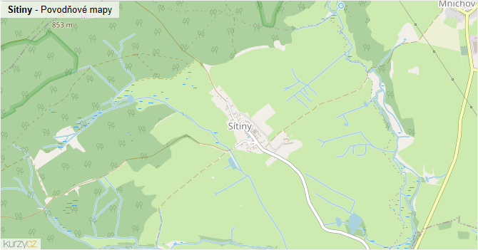 Sítiny - záplavové mapy stoleté vody
