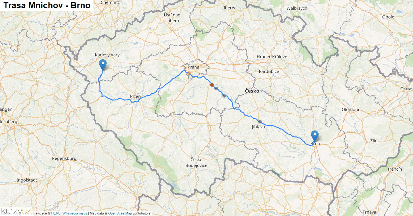Mnichov-Brno, mapa trasy