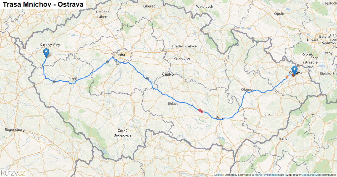 Mnichov-Ostrava, mapa trasy
