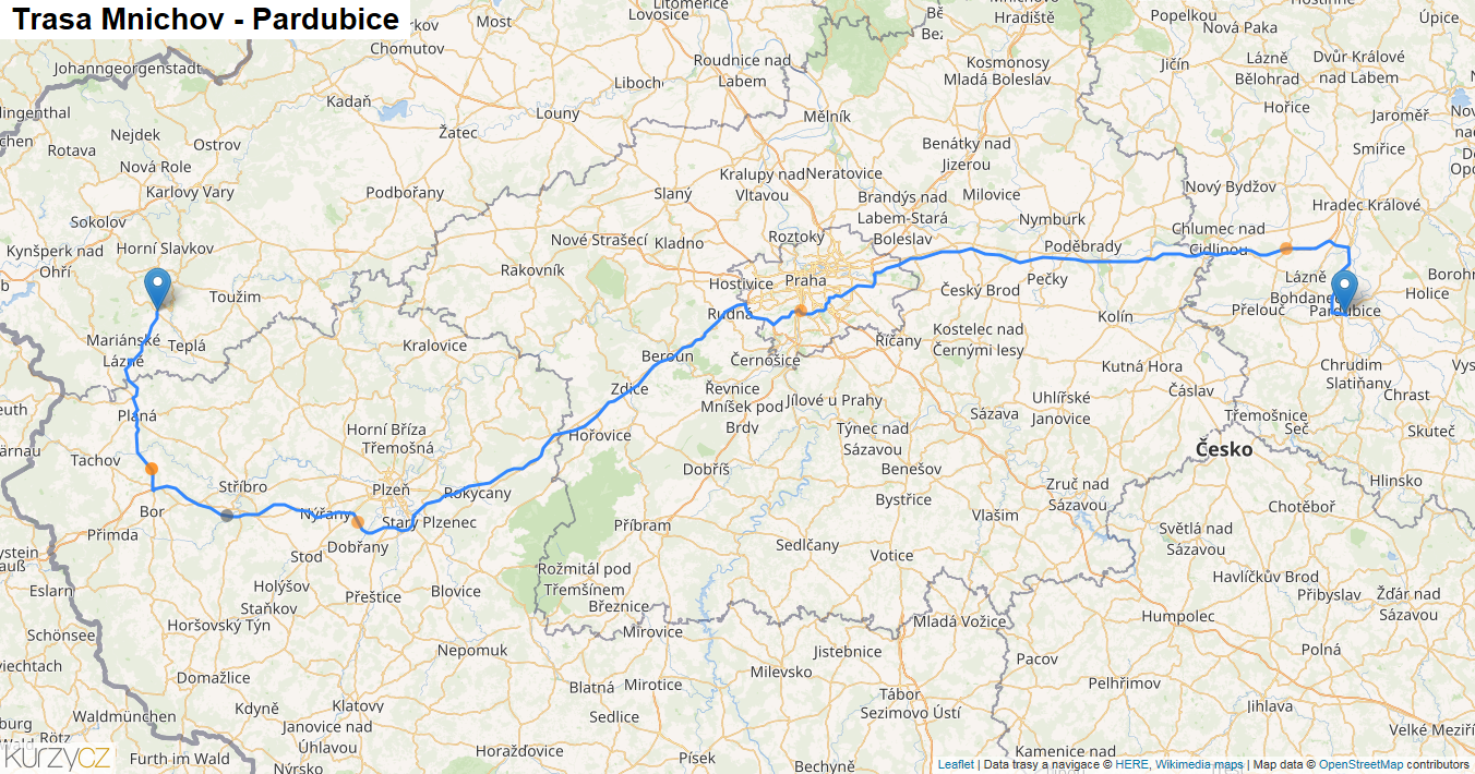 Mnichov-Pardubice, mapa trasy