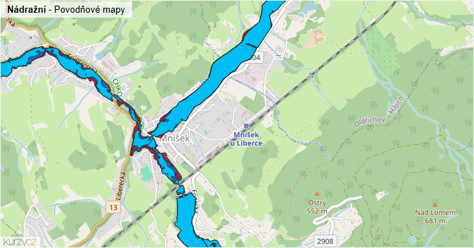 Nádražní - záplavové mapy stoleté vody