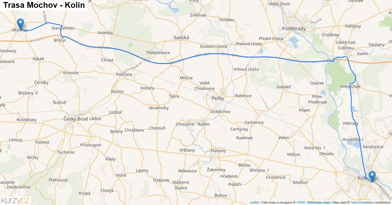 Mochov-Kolín, mapa trasy