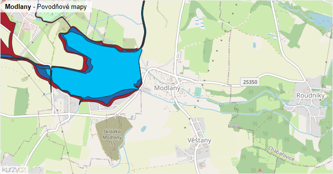 Modlany - záplavové mapy stoleté vody
