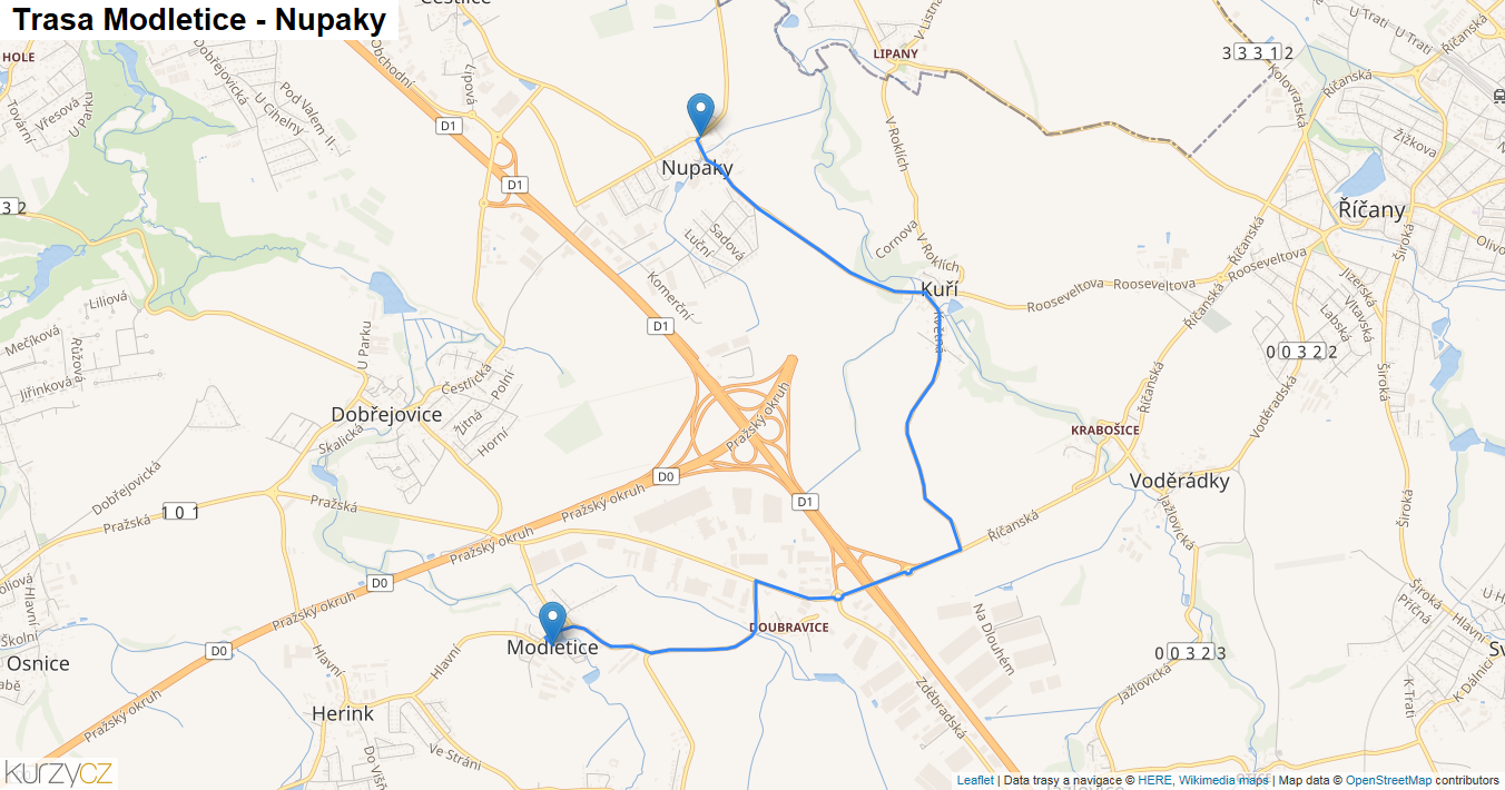 Modletice-Nupaky, mapa trasy
