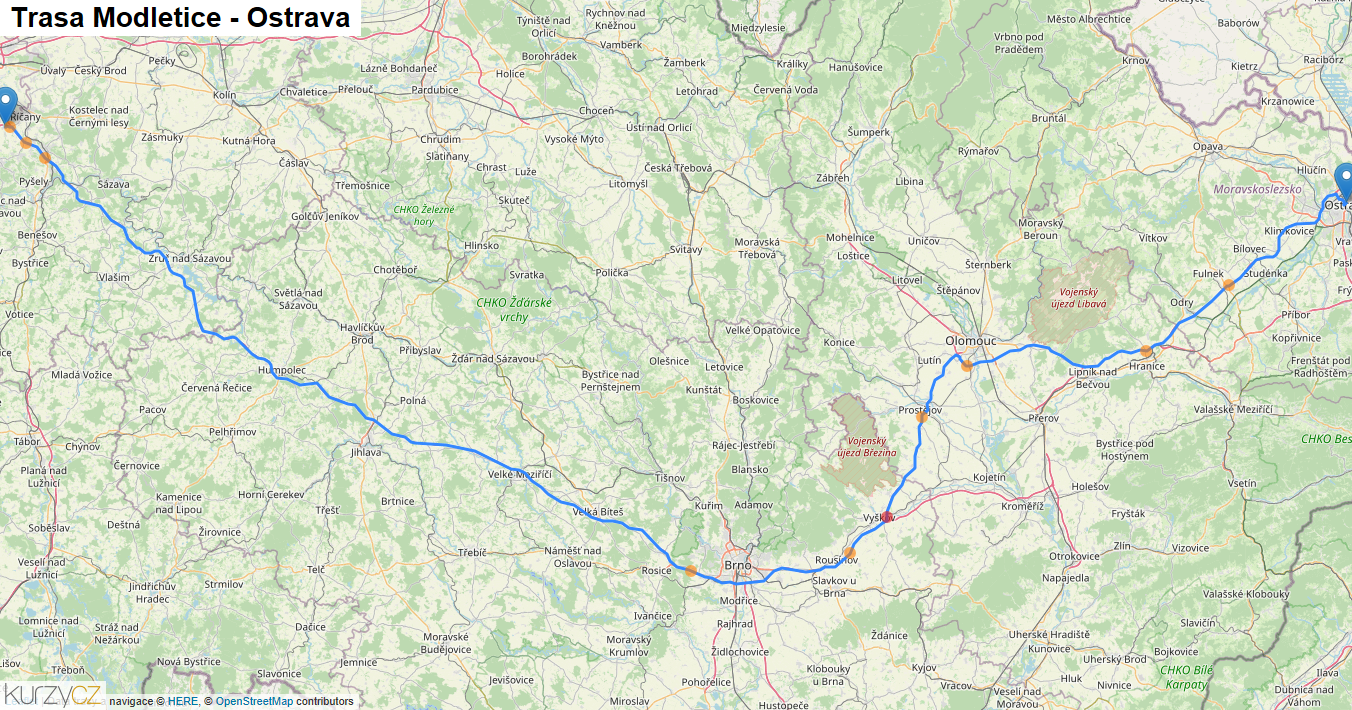 Modletice-Ostrava, mapa trasy
