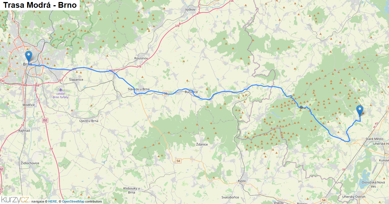 Modrá-Brno, mapa trasy