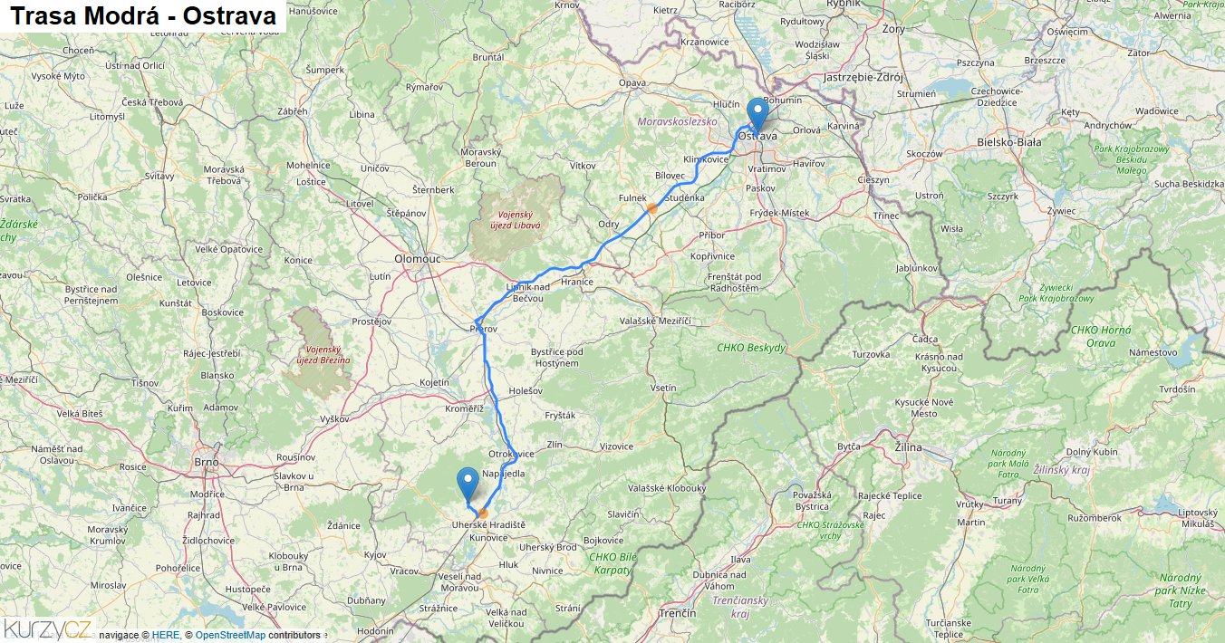 Modrá-Ostrava, mapa trasy