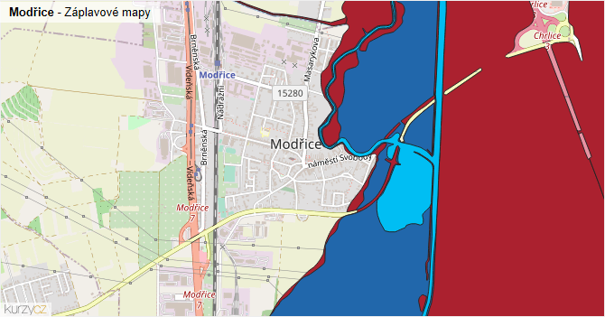 Modřice - záplavové mapy stoleté vody