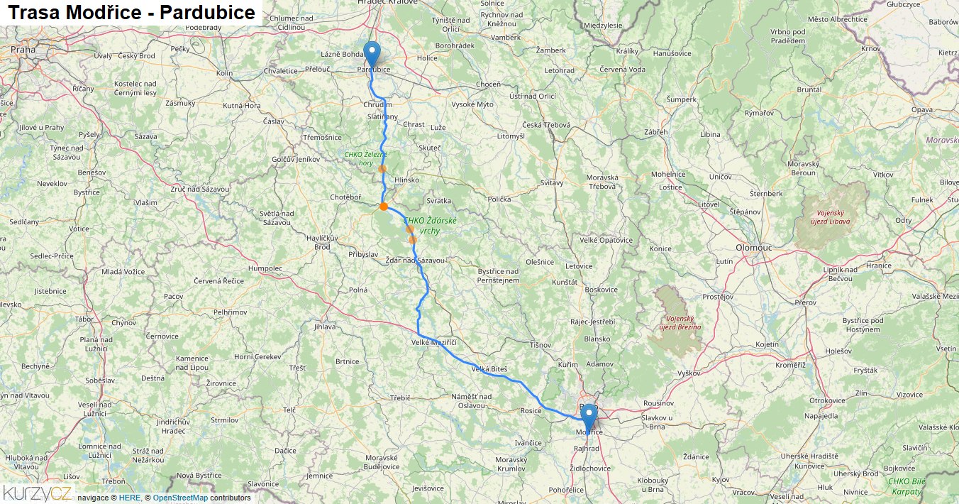 Modřice-Pardubice, mapa trasy
