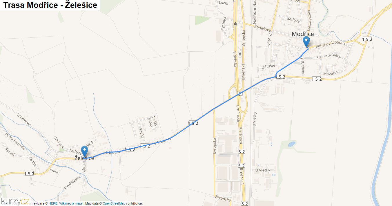 Modřice-Želešice, mapa trasy