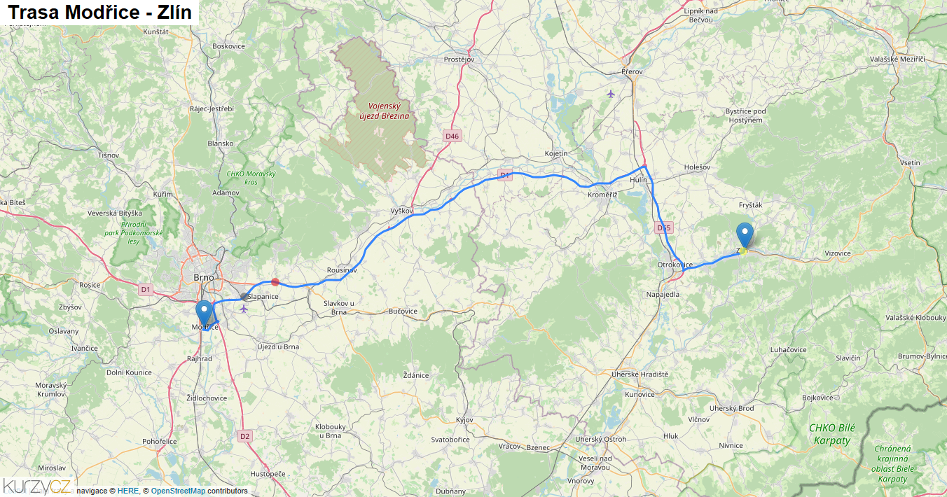 Modřice-Zlín, mapa trasy
