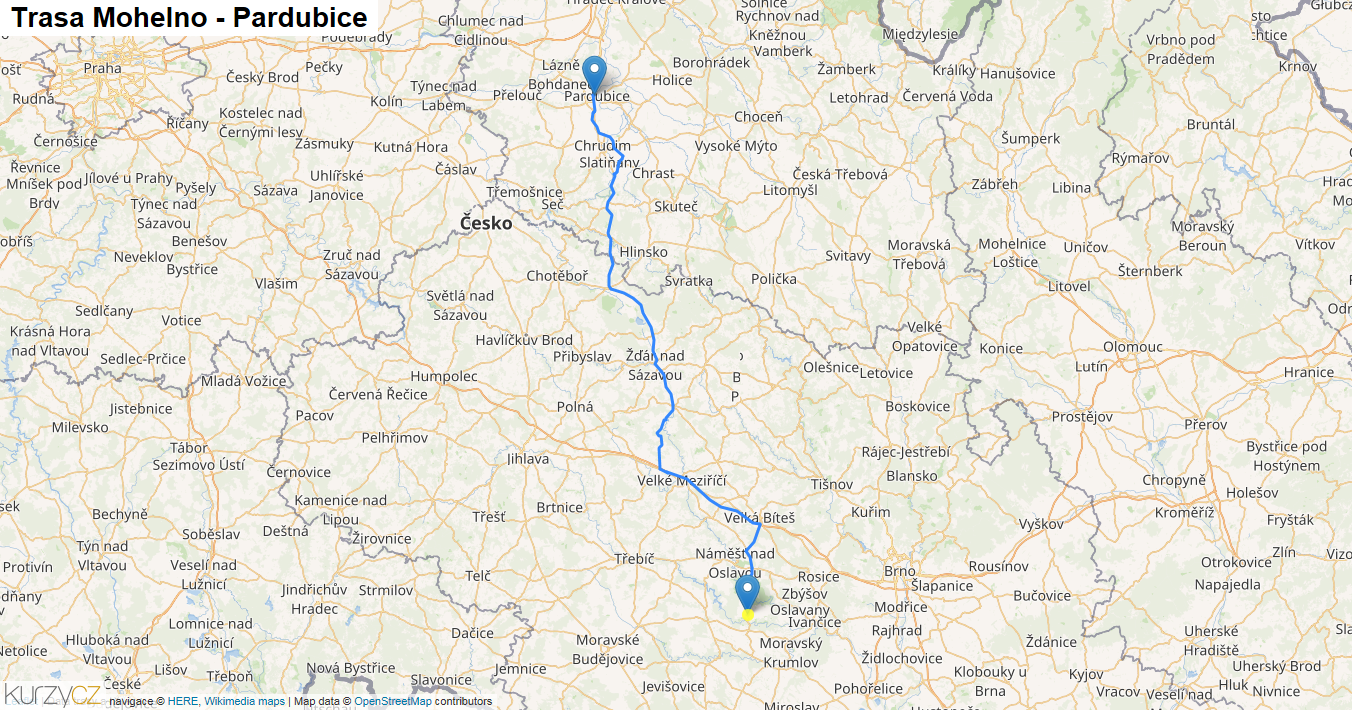 Mohelno-Pardubice, mapa trasy