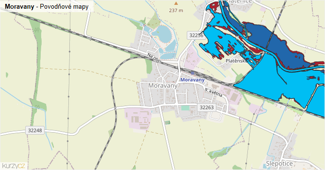 Moravany - záplavové mapy stoleté vody