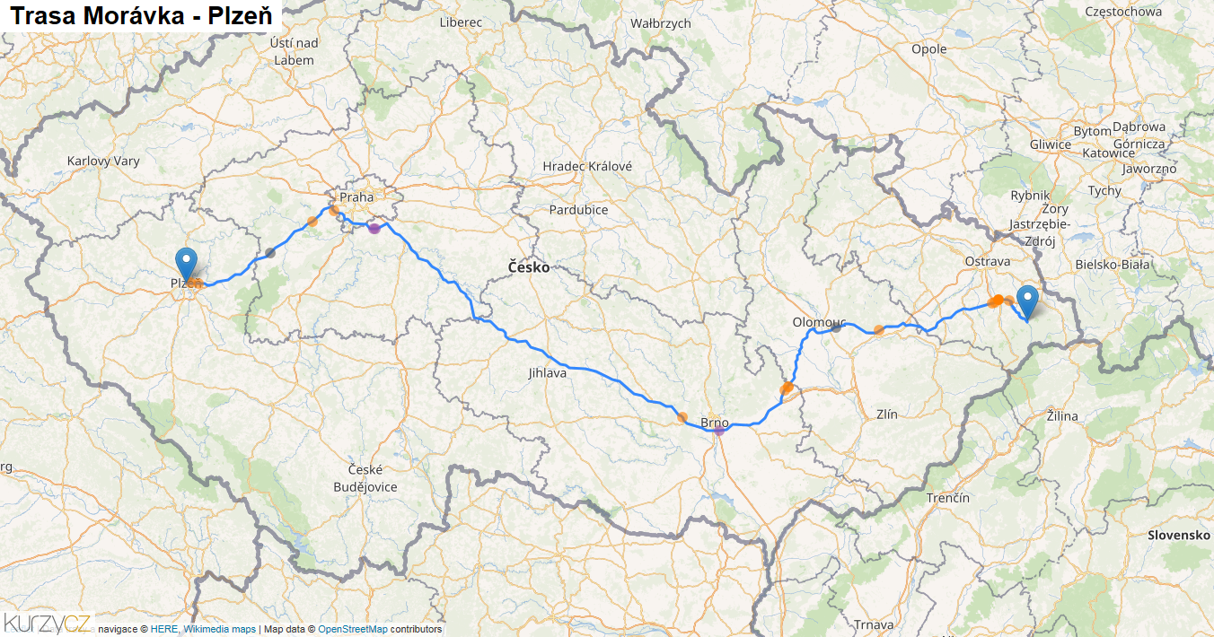 Morávka-Plzeň, mapa trasy