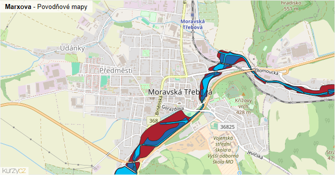Marxova - záplavové mapy stoleté vody