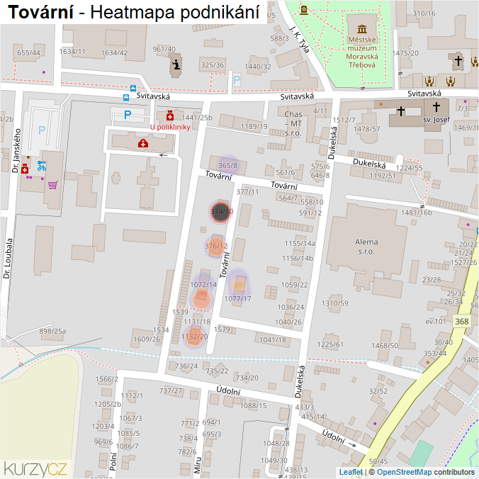 Mapa Tovární - Firmy v ulici.