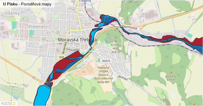 U Písku - záplavové mapy stoleté vody