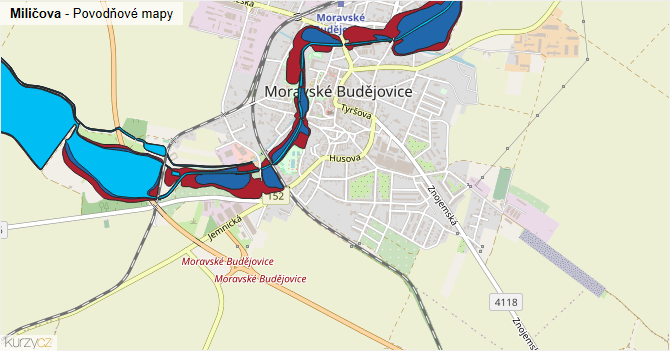 Miličova - záplavové mapy stoleté vody