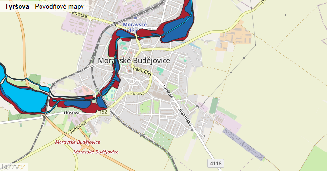 Tyršova - záplavové mapy stoleté vody