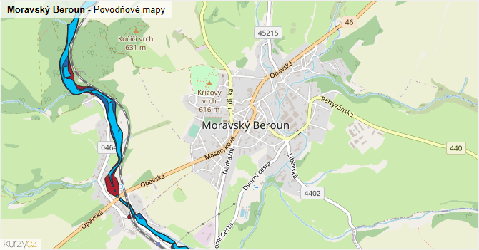 Moravský Beroun - záplavové mapy stoleté vody
