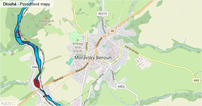 Dlouhá - záplavové mapy stoleté vody