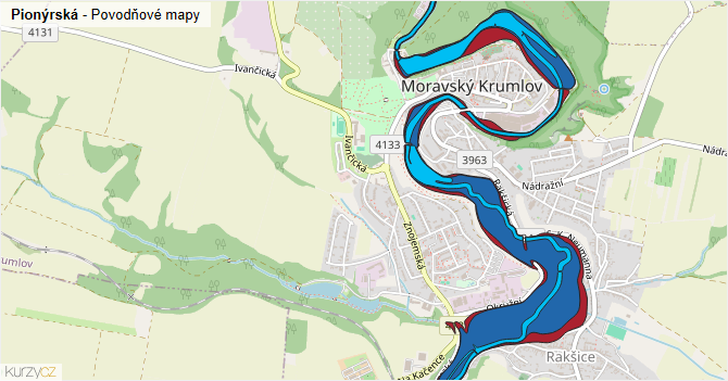 Pionýrská - záplavové mapy stoleté vody
