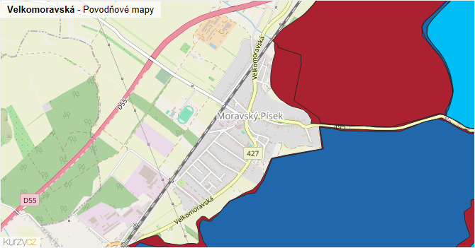 Velkomoravská - záplavové mapy stoleté vody