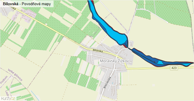 Bílovská - záplavové mapy stoleté vody
