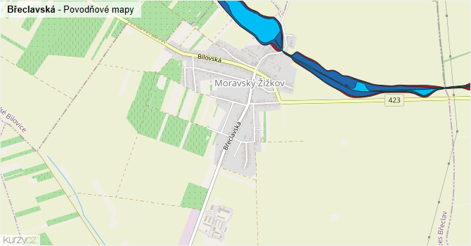 Břeclavská - záplavové mapy stoleté vody
