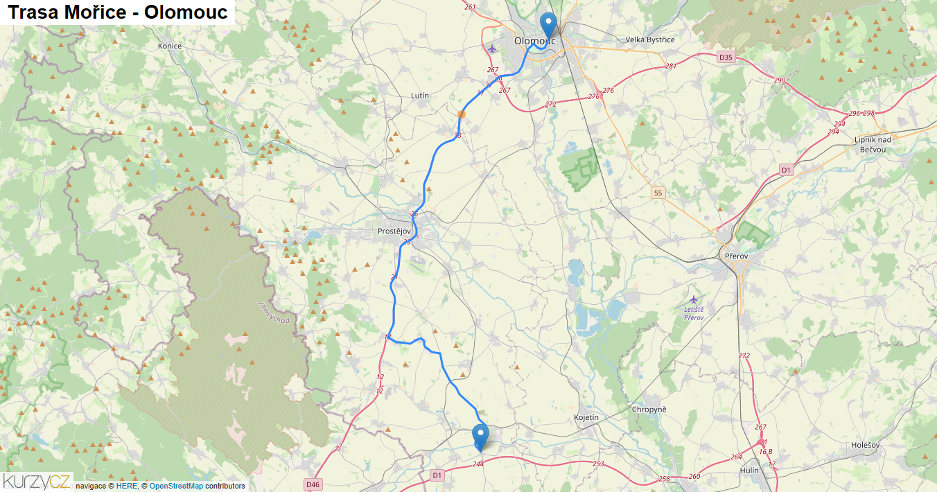 Mořice-Olomouc, mapa trasy