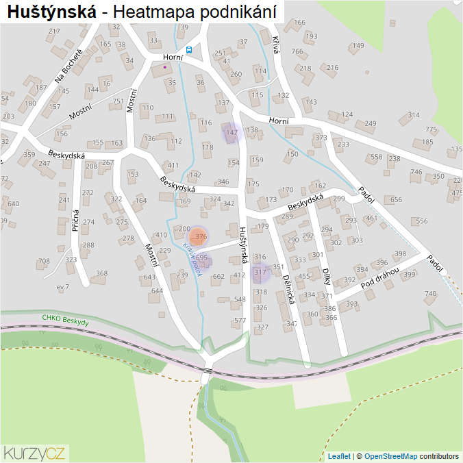Mapa Huštýnská - Firmy v ulici.