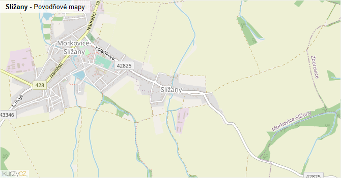 Slížany - záplavové mapy stoleté vody