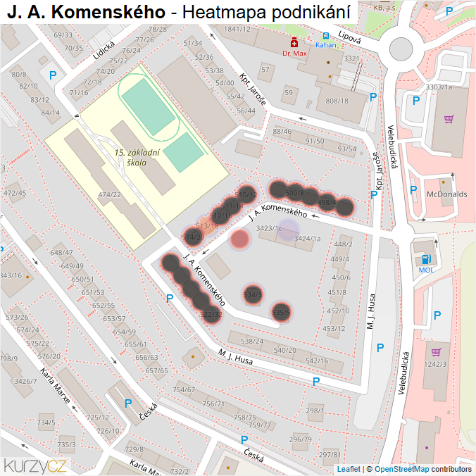 Mapa J. A. Komenského - Firmy v ulici.