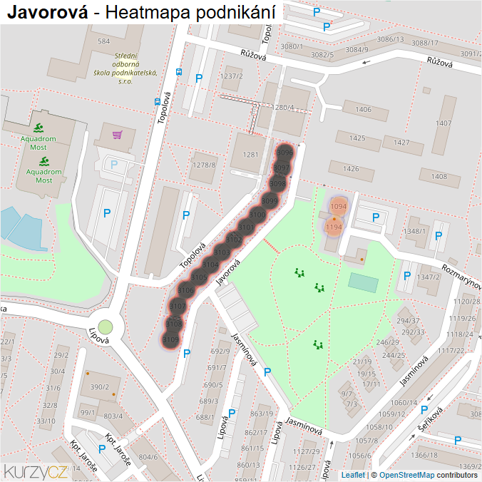 Mapa Javorová - Firmy v ulici.