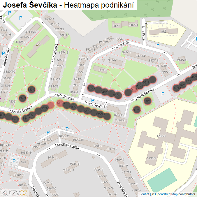 Mapa Josefa Ševčíka - Firmy v ulici.