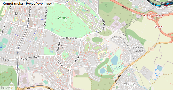 Komořanská - záplavové mapy stoleté vody
