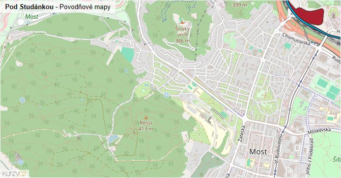 Pod Studánkou - záplavové mapy stoleté vody