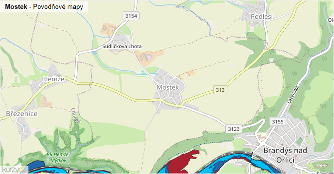 Mostek - záplavové mapy stoleté vody